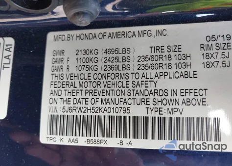 2019 Honda Cr-V Ex z USA, uszkodzony, nr VIN 5J6RW2H52KA010795